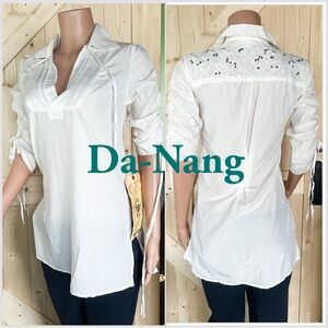 NEW DA-NANG SILK WHITE PLEATED TOP XS WITH BACK BEAD DETAILING